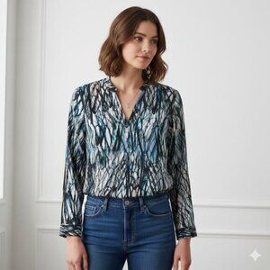Anthropologie Charlie Jade Blouse Silk Pattern Open Back cut out long sleeve XS